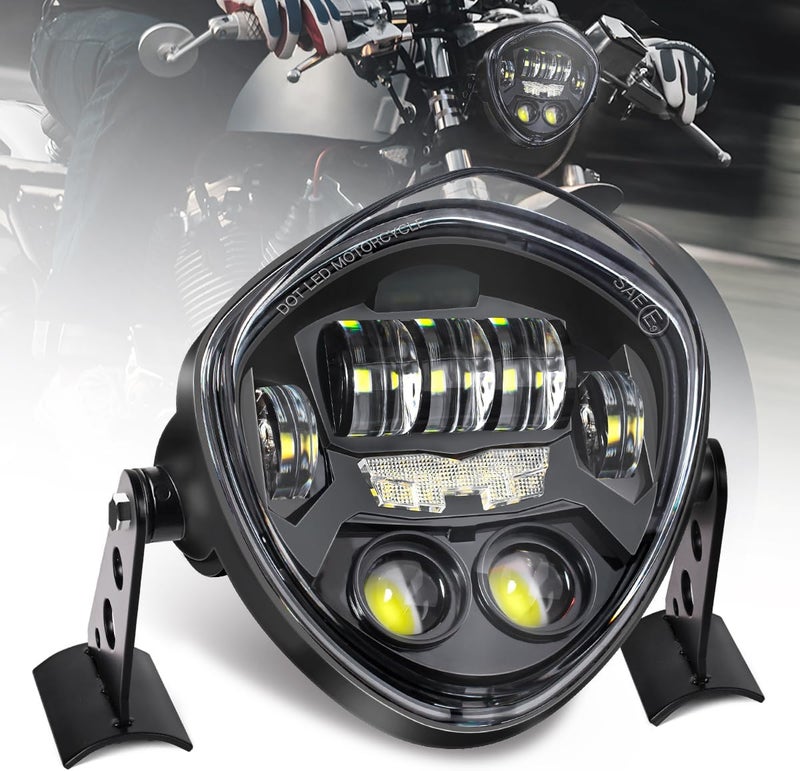 LEDOPPO 7-Inch LED Motorcycle Headlight Assembly with Clamp Mount Brackets Fits 27-57mm O.D. Forks for Cafe Racer/Chopper/Bobber/Scrambler, Features Turn Signal/DRL, Demon Eye, Hi-Low Beam - Image 1